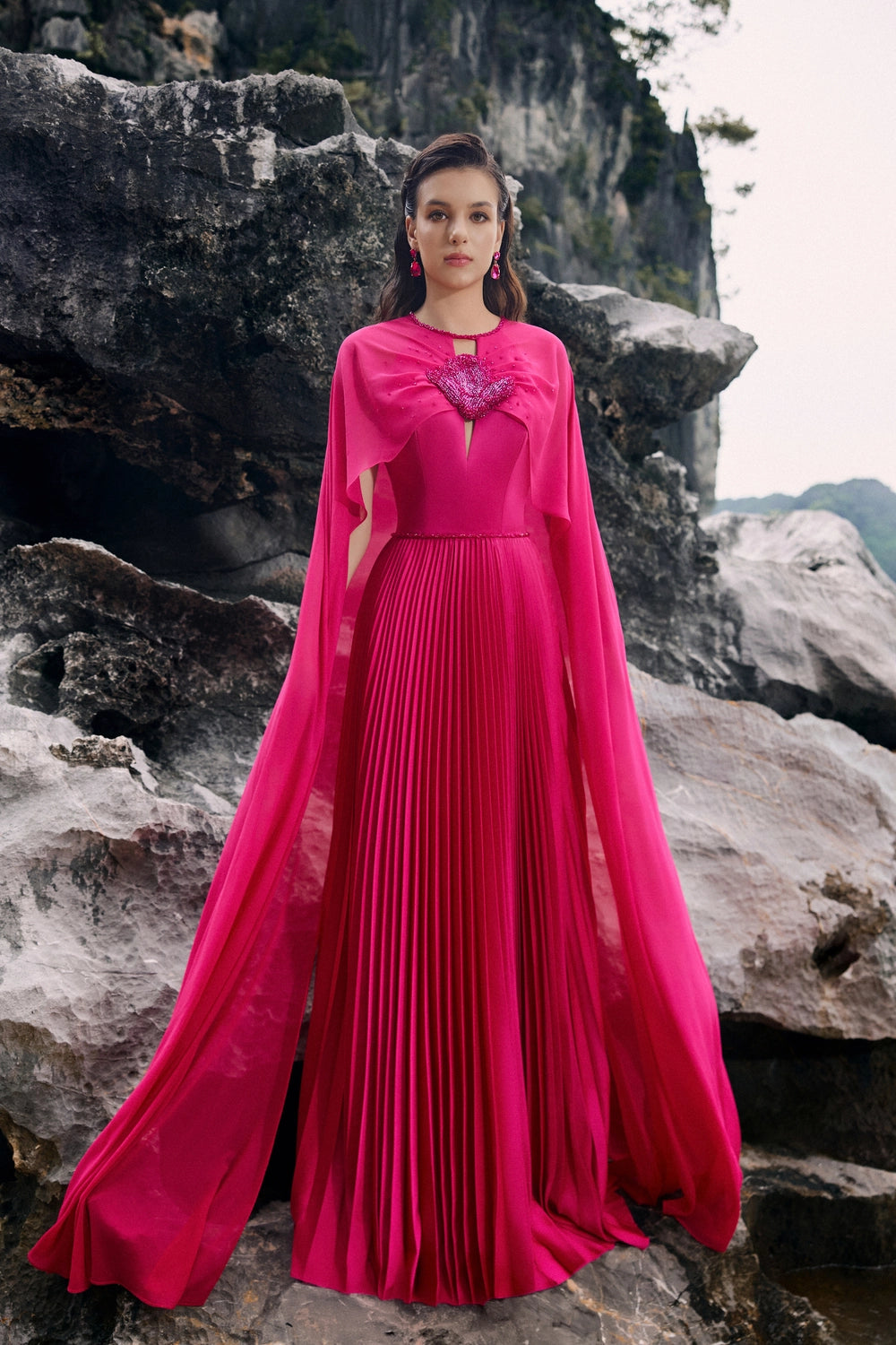 Long Sleeves Cape Pleated Dress